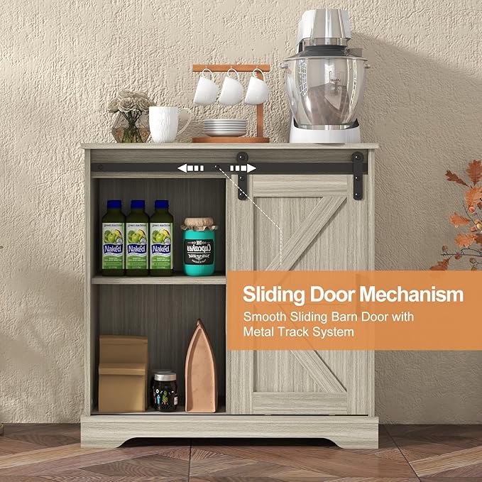 Panana Sliding Barn Door Buffet Sideboard Storage Cabinet Coffee Bar Kitchen Farmhouse Style (Oak)