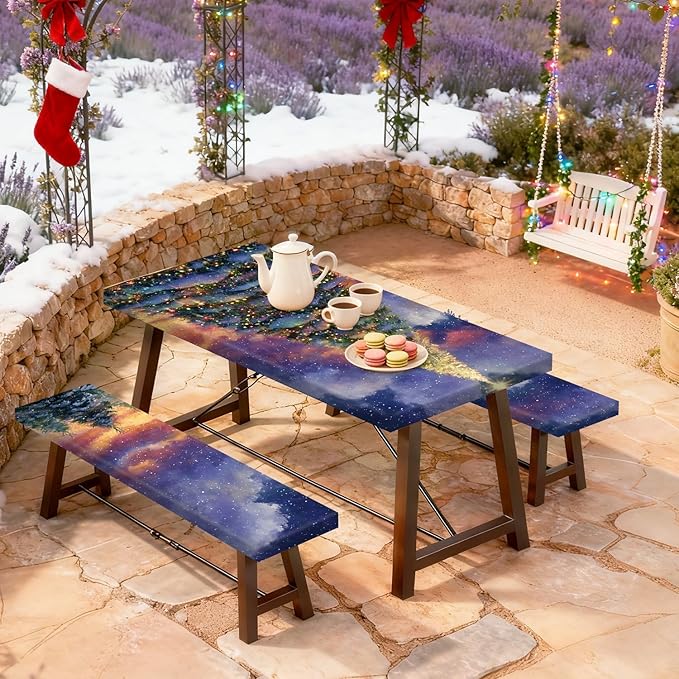 Christmas Picnic Table Cover with Bench Cover, Outdoor Picnic Table Elastic Tablecloth, Green Santa Claus and Reindeer Design, Camping, Barbecue and Holiday Party Tablecloth
