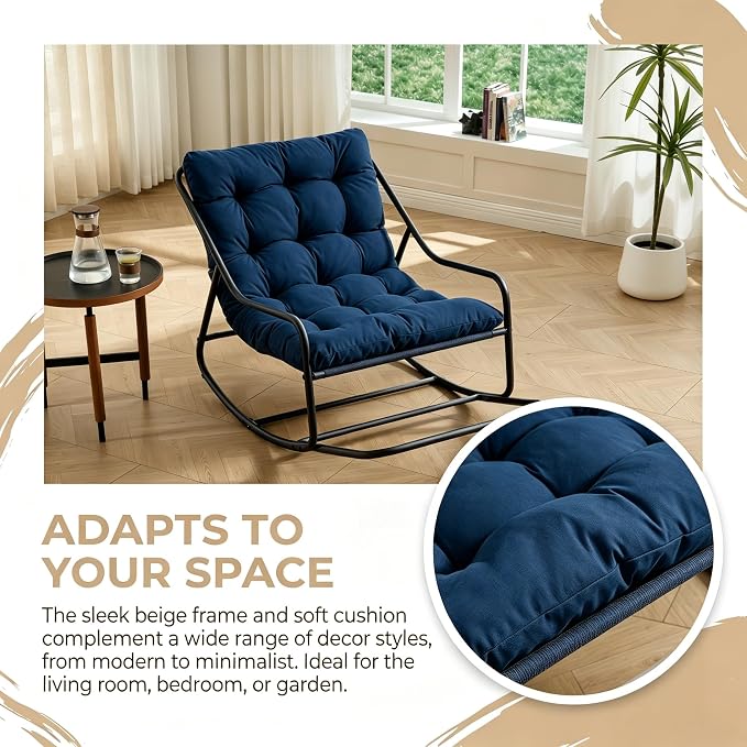 Outdoor Rocking Chairs, Metal Frame Outdoor Rocker with Footrest, Comfy Oversized Patio Chair with Thick Cushion, Reading Glider Lounge Chair for Living Room, Bedroom, Garden, Relax, Navy Blue