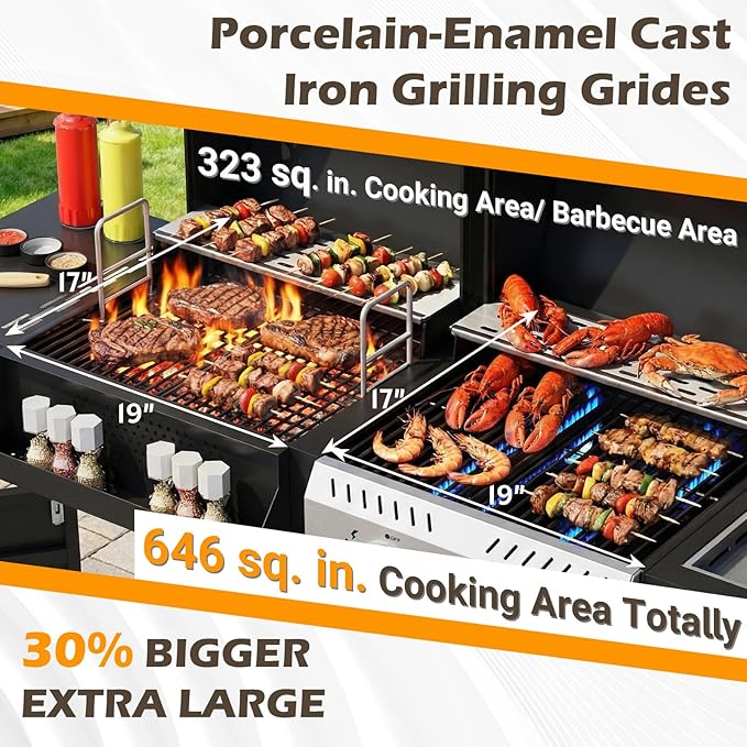 EROMMY 2-in-1 Dual Fuel Propane & Charcoal Grill Combo with Side Burner, Porcelain-Enameled Cast Iron Grates, 646SQIN Large Cooking Area for Outdoor Patio Backyard Barbecue & Party Events