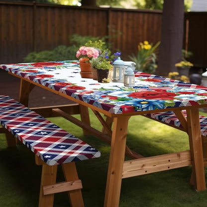 Cinrobiye 84 Inch Picnic Table Cover with Bench Covers, Fitted Elastic Waterproof Picnic Tablecloth with Bench Covers, Red White and Blue American Flag Table Cover for Camping, BBQ, Outdoor Parties