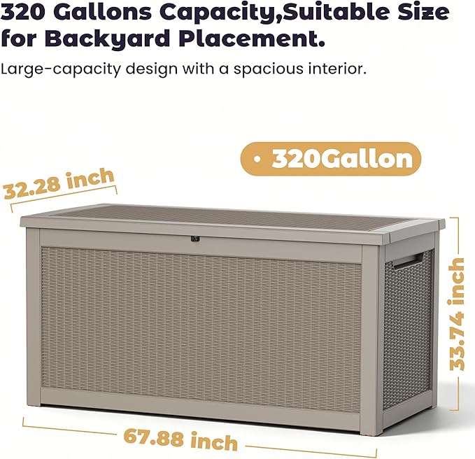 PatioZen 320 Gallon Deck Box, Outdoor Storage Box, Outdoor Storage Box for Cushions, Garden Tools, Furniture Storage,Waterproof, Lockable and Resin,Grey