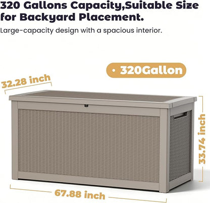 PatioZen 320 Gallon Deck Box, Outdoor Storage Box, Outdoor Storage Box for Cushions, Garden Tools, Furniture Storage,Waterproof, Lockable and Resin,Grey