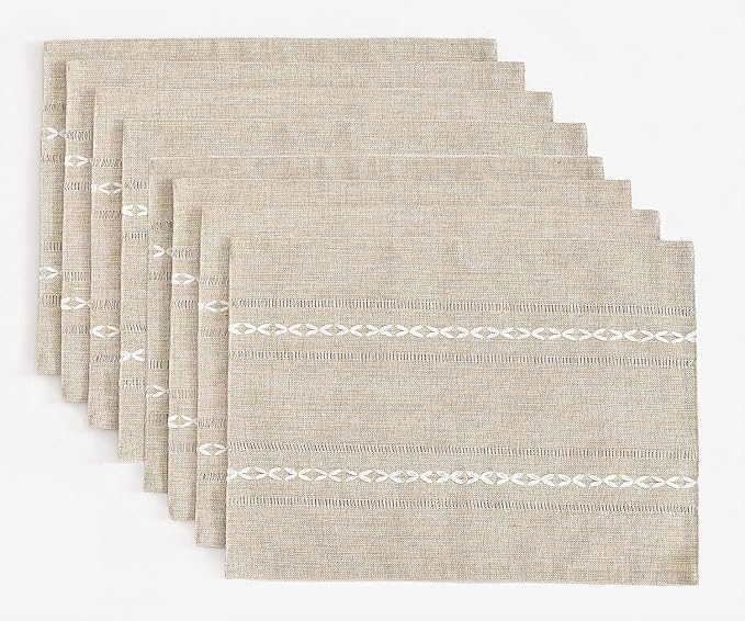 Wracra Cotton Linen Place Mats, Coffee Embroidered Placemats Set of 8 | Placemats 12 x 18 Inch; Cotton Linen Woven Fabric; Heat Resistant Table Mats; Raised Embroidered Hollow Design