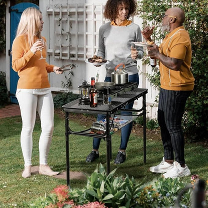 REDCAMP Small Triple fold Folding Grill Table for Outside, 3 Heights Adjustable Lightweight Portable Metal Frame Outdoor Table for Camping Picnic Cooking BBQ, Black, 34x16 inches