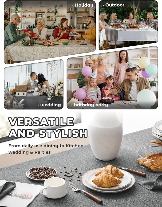 Decorelia Faux Linen Farmhouse Table Cloth 60"x104" for 6 ft Rectangle Table, Dark Grey Waterproof Outdoor Washable Cloth Tablecloth for Rectangular Dining Room Kitchen Outdoor Party Restaurant Table