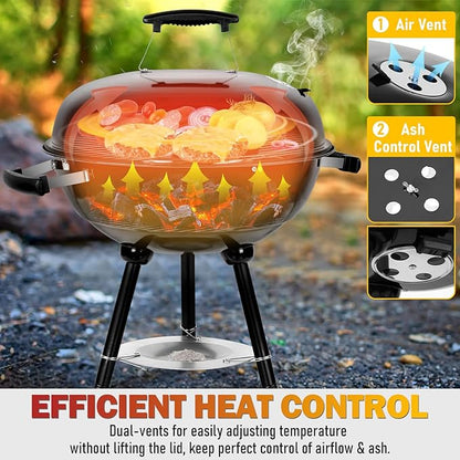 Joyfair 18 Inch Kettle Charcoal Grill with Charcoal Chimney Starter, Outdoor Barbecue Grill for Camping/Backyard/Tabletop Grilling, Portable Round Smoker with Wheels