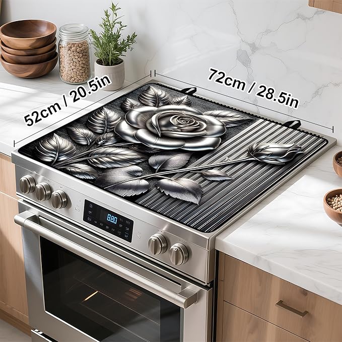 Silver Rose Stove Top Cover Retro Flower Gas Stove Top Cover for Home Decoration Kitchen Pad Non-Stick Washable Cooktop Covers Countertop Protector Keep Stove Clean 28"x20"