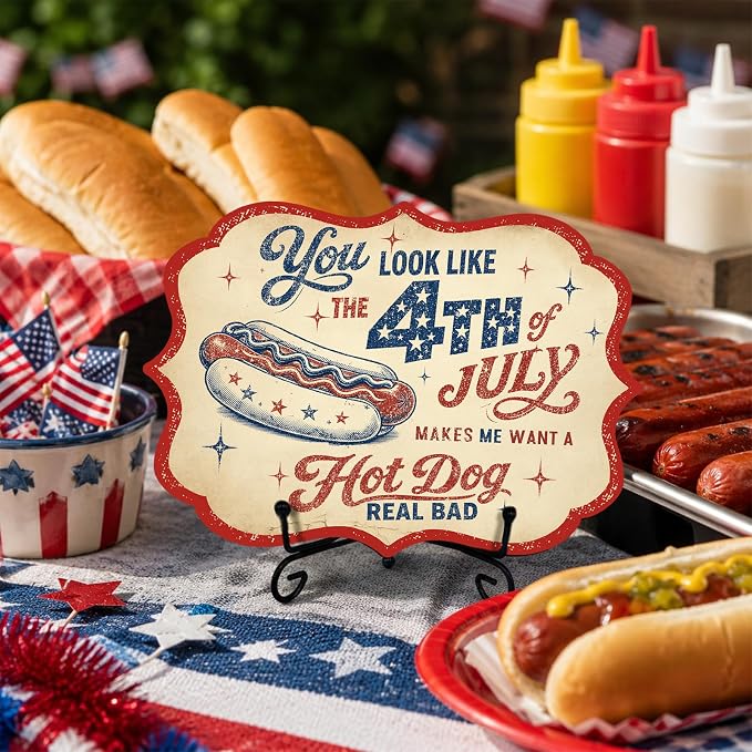Fourth of July Wooden Sign with Metal Stand, Patriotic Hot Dog Station Decor for BBQ Party, Food Truck, Restaurant Counter, Independence Day 5 x 7 Inch Tabletop Display - A08