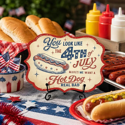 Fourth of July Wooden Sign with Metal Stand, Patriotic Hot Dog Station Decor for BBQ Party, Food Truck, Restaurant Counter, Independence Day 5 x 7 Inch Tabletop Display - A08