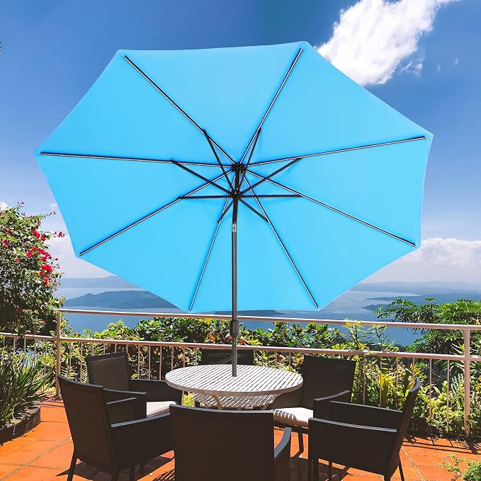 Sundale Outdoor 104 LED 11 FT Solar Patio Umbrella with Base, Blue | Sand Bag Umbrella Base, Tilt, Crank, Solar Lights