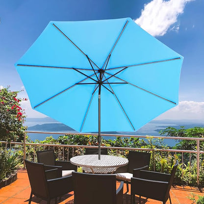 Sundale Outdoor 104 LED 11 FT Solar Patio Umbrella with Base, Blue | Sand Bag Umbrella Base, Tilt, Crank, Solar Lights