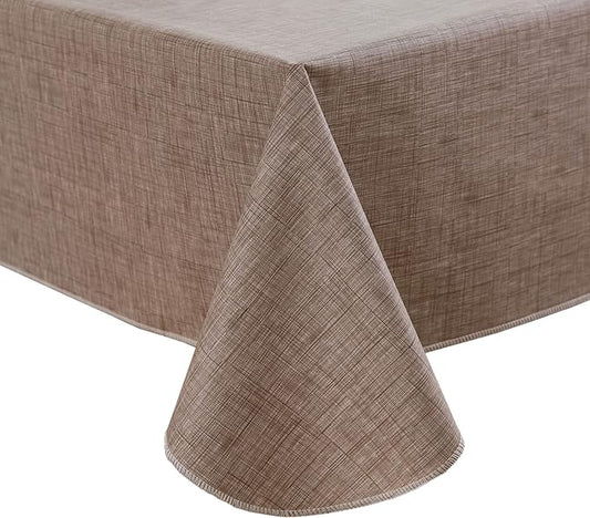 LIBERECOO Vinyl Tablecloth with Flannel Backing, Flaxen, Waterproof, Stain-Resistant, Easy-Clean Table Cover for Dining, Kitchen, and Outdoor Use, 60" x 120" Rectangle