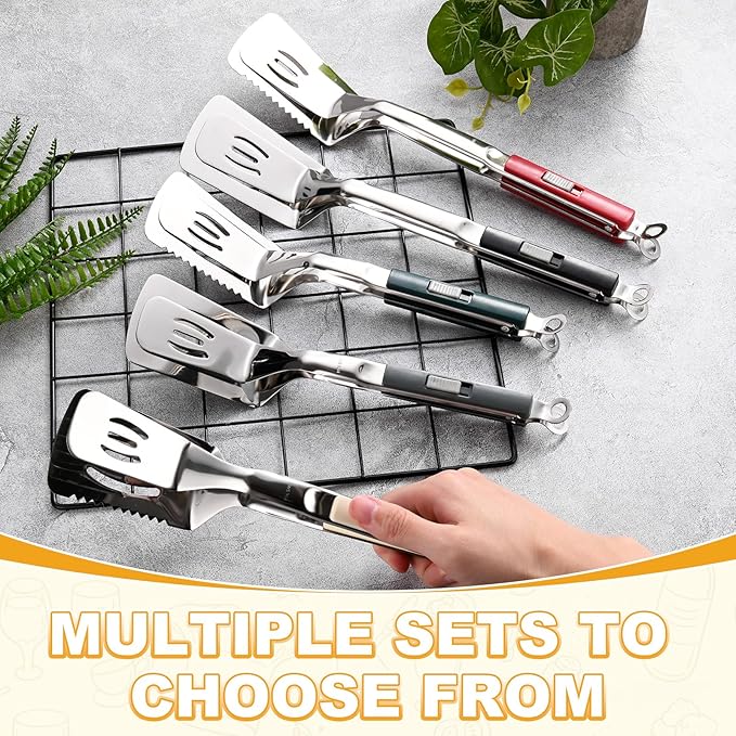 M METERXITY Spatula Tongs, 13.4 Inch 304 Stainless Steel Anti-Scald Extended Multifunctional Flipper Grill Clamp for Cooking/Barbecue, Kitchen Cooking Tongs [Black Handle, Silver Tone]