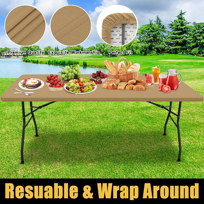Smiry Rectangle Picnic Table Cloth, Waterproof Elastic Fitted Tablecloths for 8 Foot Tables, Washable Polyester Table Cover for Camping, Indoor and Outdoor (Khaki, 30"x96")