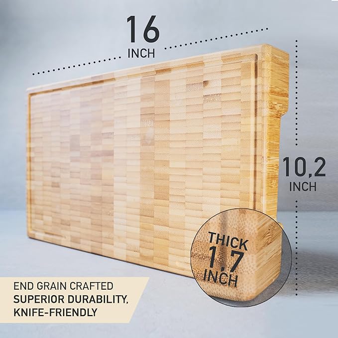 Bamboo Cutting Board, 15.7 x 10.2 Inch (ExtraThick 1.7") Hardwood Professional Butcher Block, Charcuterie Board. End Grain Non Toxic Wood Chopping Board (Oil & Plate Included)