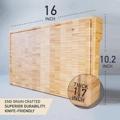 Bamboo Cutting Board, 15.7 x 10.2 Inch (ExtraThick 1.7") Hardwood Professional Butcher Block, Charcuterie Board. End Grain Non Toxic Wood Chopping Board (Oil & Plate Included)