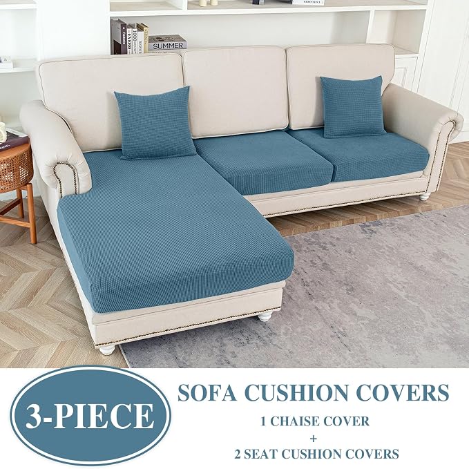 LA MEACK Couch Cushion Covers for Sectional Sofa L Shape Washable Separate Seat Chaise Couch Cover Stretch Sofa Slipcovers with 2 Pcs Pillowcases(2 Seater + 1 Chaise, Blue)