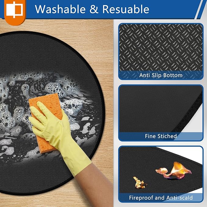 Anze Round Under Grill Mat for Outdoor Grill, 48 Inch Anti-Slip BBQ Floor Mats, Easy to Clean Reusable Fireproof Grill Pad, Oil-Proof Waterproof Protector for Deck Fireplace Pit Mat Black