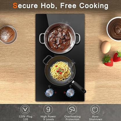 2 Burner Electric Cooktop 120V, 12 Inch Stove Top Burner 2000W, Double Burner Electric Stove with Knob Control, 9-Level Heat, Overheat Protection, High-Temp Alarm, 120V UL Plug