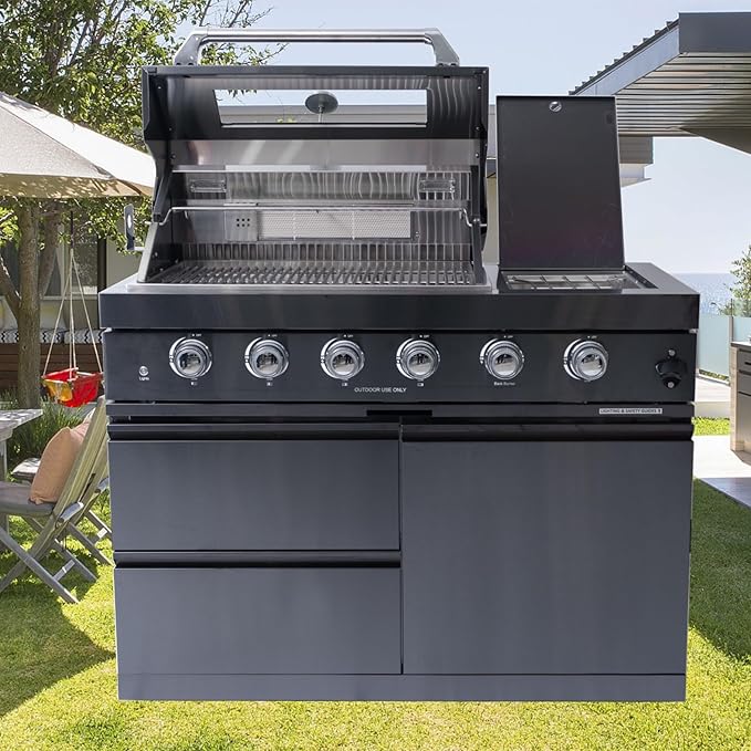 4 Burner Outdoor Kitchen Island with Grill and Side Burner, 72000 BTU Deluxe Stainless Steel Modular Outdoor Kitchen, Gas Propane BBQ Island with Rotisserie, Storage Cabinets & Drawers, 46"W, Black
