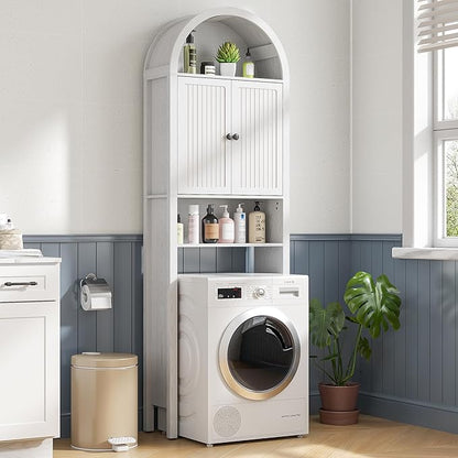 White Over The Toilet Storage Cabinet with Fluted Doors, 4 Tier Small Bathroom Shelf Organizer, Arched Bathroom Cabinet with Adjustable Shelf, Narrow Slim Toilet Rack, Anti-Tipping Device, Wood