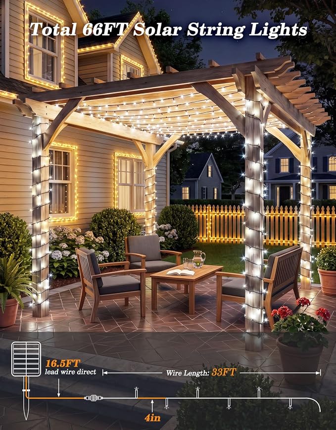 2 Pack 100LED Solar Christmas String Lights Outdoor Waterproof | Total 66FT Twinkle Lights with 8 Lighting Modes Remote for Outside Christmas Trees Decorations, Warm & Cool White