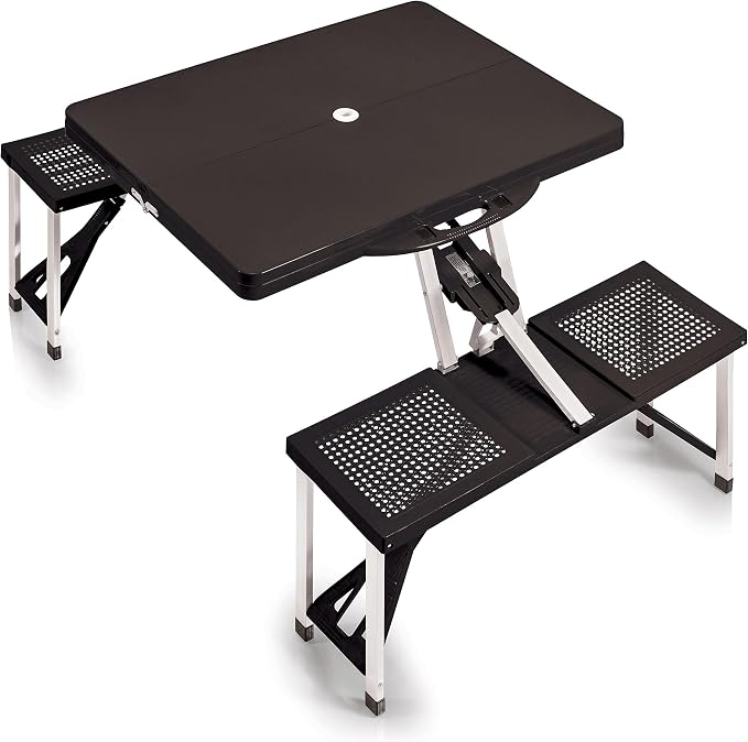 Picnic TIME Portable Folding Picnic Table with Seats for 4, Collapsible Aluminum Table with Benches & Umbrella Hole, Lightweight Foldable Table for Camping, Travel, Backyard, Tailgating | with Umbrella Hole