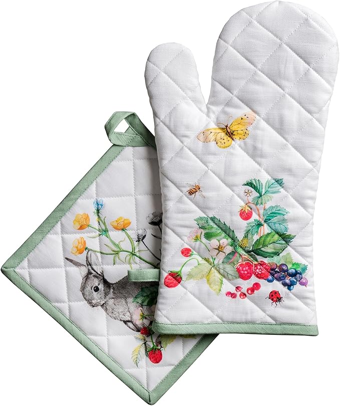 Maison d' Hermine 100% Cotton Oven Mitt & Pot Holder Set (7.5"x13" & 8"x8") Heat Resistant BBQ Cooking Gloves with Loop Baking Grilling Kitchen Hotel Home Farmhouse Spring Summer (Printemps)