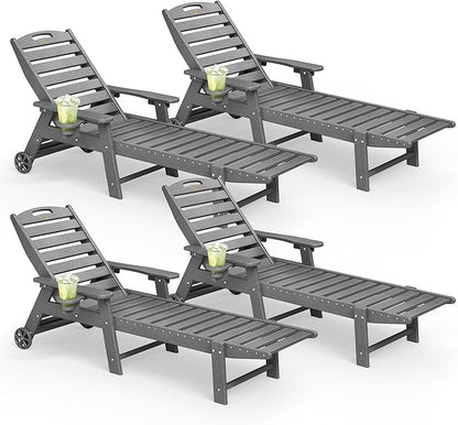 Lounge Chair Outdoor Set of 4 with Wheels, Adjustable 5-Position Chaise Lounge Outdoor, Patio Lounge Chair for Poolside Backyard, Dark Grey