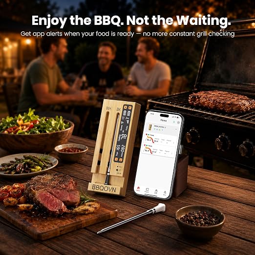 WiFi Sub-1G Wireless Meat Thermometer Unlimited Range 7 NIST Certified Sensors with Ambient Temp 2 Temp Monitoring Ways Digital Smart Base and App for BBQ, Smoker, Grill, Oven