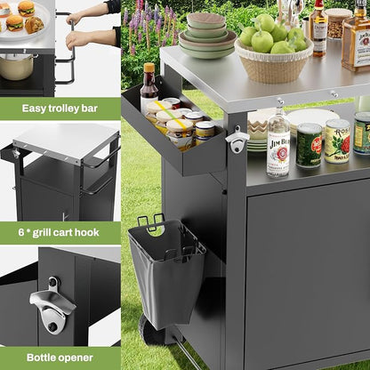 KEIKI Outdoor Grill Cart with Storage and Wheels, Rolling BBQ Prep Table with Spice Rack, Hooks, and Side Handles, Black Metal Bar Cart for Patio Kitchen and Grilling Accessories
