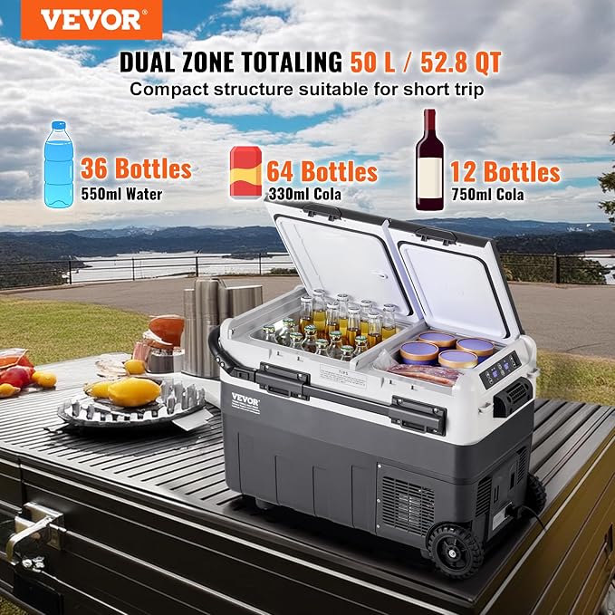 VEVOR Car Refrigerator 50L / 52.8 QT, Dual Zone 12 Volt Compressor Fridge, -4℉ to 68℉ Adjustable, Portable Freezer Cooler for Car, RV, Camping, Home