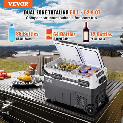 VEVOR Car Refrigerator 50L / 52.8 QT, Dual Zone 12 Volt Compressor Fridge, -4℉ to 68℉ Adjustable, Portable Freezer Cooler for Car, RV, Camping, Home