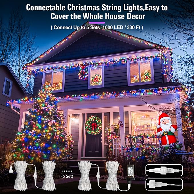 JMEXSUSS 200 LED Multicolor Christmas Tree Lights Outdoor Indoor Clear Wire | 66ft Christmas Lights Plug in, Colorful String Lights Plug in for Bedroom Fireplace Tree Room Party Xmas Decor,Connectable