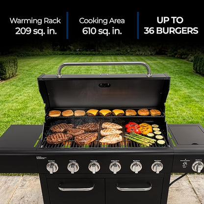 Kenmore 6-Burner Propane Gas Grill with Side Burner, 73,000 BTU Total Cooking Power, 819 Sq. In. Cooking Space, Cast Iron Grates, Warming Rack, Built-In Thermometer, For Outdoor BBQs Events, Black