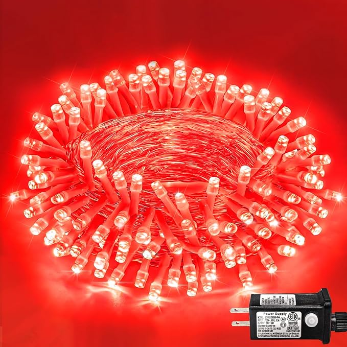 40FT 120 LED Outdoor String Lights, Red Christmas Lights Indoor | Plug in Waterproof 8 Modes Clear Wire Twinkle Fairy Lights for Bedroom Outside Patio Yard Tree Xmas Party Holiday Decorations
