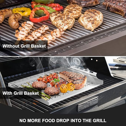 Skyflame Stainless Steel Grill Basket for Outdoor/Indoor Grill and Smoker, BBQ Grill Accessory/Grill Tray for Fish and Vegetables