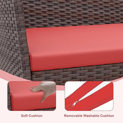 GarveeHome Modern 4-Person Outdoor Bistro Set with Tempered Glass Table – Weather-Resistant PE Rattan & Iron Frame Patio Furniture, Thick Red & Brown Polyester Cushions for Garden, Balcony, Deck