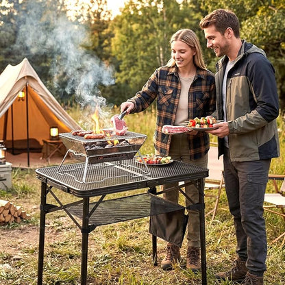 Folding Grill Table, 24"x16" Portable Camping Table with Storage Pocket, Heat Resistant & Waterproof Outdoor Picnic Table, Sturdy Lightweight for Travel Cooking BBQ, Camping, Backyard