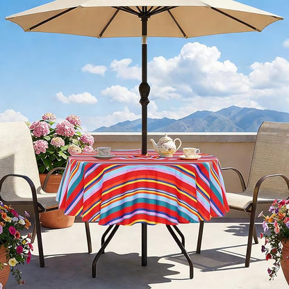 SquarePie Round Outdoor Tablecloth with Umbrella Hole and Zipper Patio Waterproof Table Cloth Cover for Camping Picnic BBQs Backyard,60 Inch Color Stripe