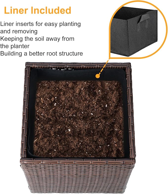 SUNNYPARK Brown Square Planter Box Rattan for Outdoors 17x17x18inch | All-Weather, Handmade PE Rattan, Removable Liner, Indoor Outdoor, Patio Porch Garden, Modern Design for Plants Flowers