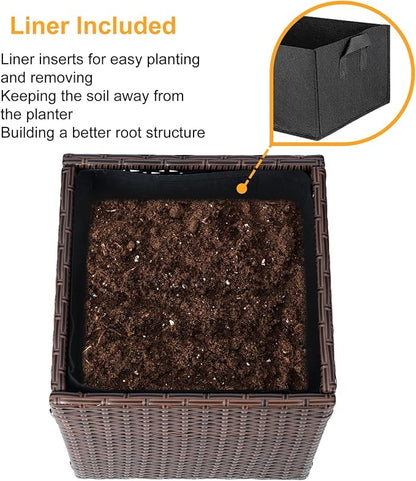 SUNNYPARK Brown Square Planter Box Rattan for Outdoors 17x17x18inch | All-Weather, Handmade PE Rattan, Removable Liner, Indoor Outdoor, Patio Porch Garden, Modern Design for Plants Flowers