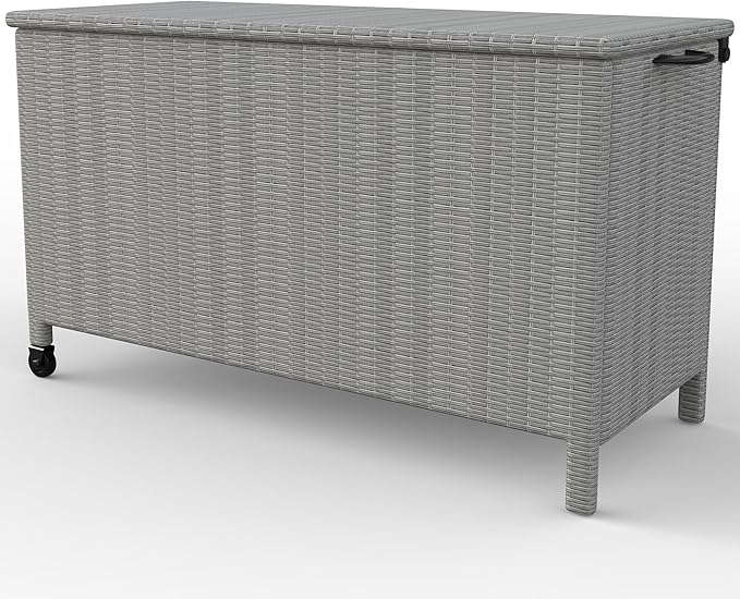 GarveeLife Medium Outdoor Wicker Storage Box, PE Rattan Patio Storage Chest with Steel Frame, Compact Deck Storage Box for Cushions, Toys & Outdoor Essentials – Gray Wicker