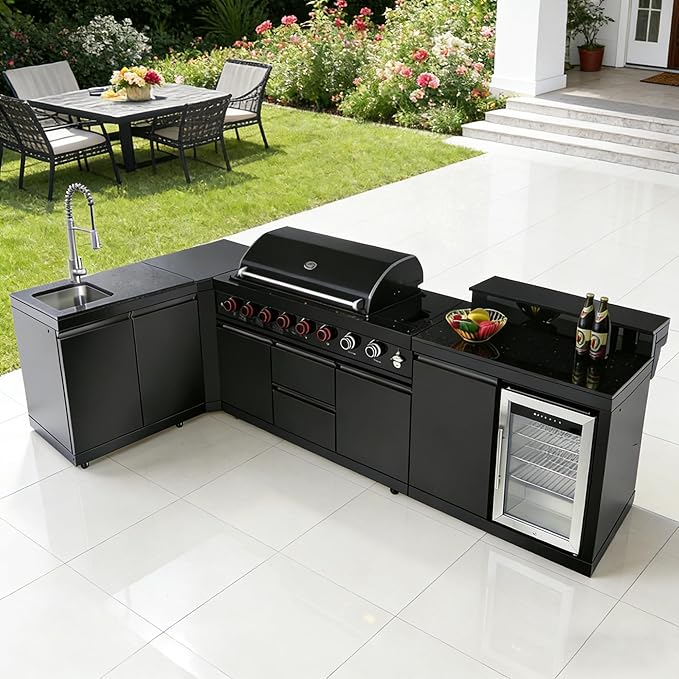 96" Modular Outdoor Kitchen Island with Side Burner, 6-Burner 95,500 BTU Propane BBQ Island, Refrigerator, Bar Counter, Integrated Sink & 3-Tier Corner Cabinet, Black