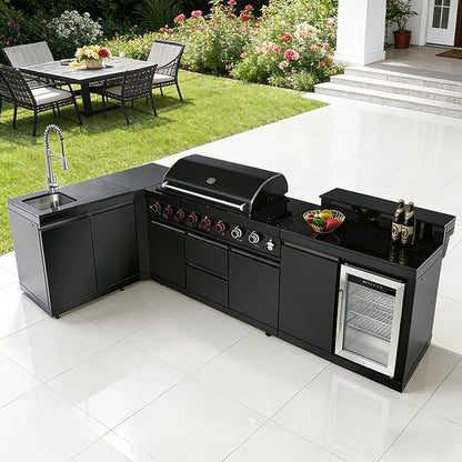 96" Modular Outdoor Kitchen Island with Side Burner, 6-Burner 95,500 BTU Propane BBQ Island, Refrigerator, Bar Counter, Integrated Sink & 3-Tier Corner Cabinet, Black