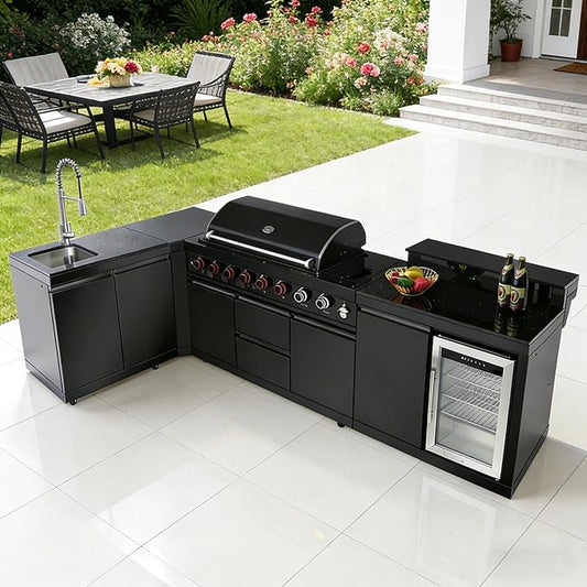 96" Modular Outdoor Kitchen Island with Side Burner, 6-Burner 95,500 BTU Propane BBQ Island, Refrigerator, Bar Counter, Integrated Sink & 3-Tier Corner Cabinet, Black