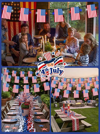 4th of July Decorations 2 Pack 100 LED Solar American Flag Lights Outdoor | 50 USA Flags, 8 Modes, Memory Function, Auto On/Off, 37.6FT Waterproof String Lights for 250th Anniversary Patriotic Decor