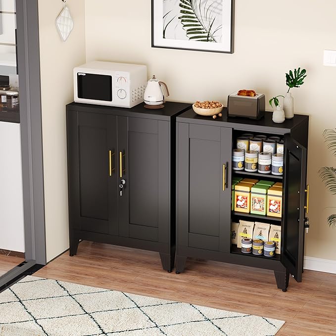 GAIOUS Black Metal Pantry Cabinet with Lock(Two Units), Sideboard Buffet Storage Cabient with Doors and 2 Adjustable Shelves, Multifunctional Kitchen Cupboard for Home Office, Buffet Table