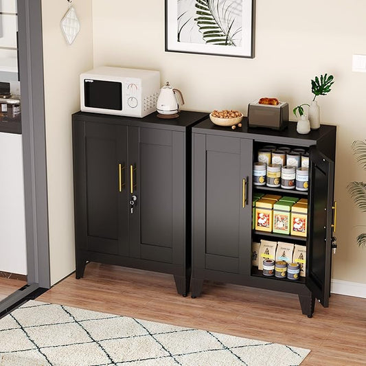 GAIOUS Black Metal Pantry Cabinet with Lock(Two Units), Sideboard Buffet Storage Cabient with Doors and 2 Adjustable Shelves, Multifunctional Kitchen Cupboard for Home Office, Buffet Table